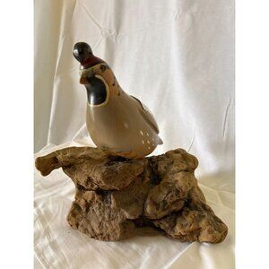 Hand-Carved Quail Bird Figurine On Driftwood Base 9" Rustic Wooden Home Decor